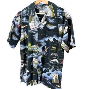 Vintage 90s David Carey Black Alaska Map Novelty Print Button Up Shirt